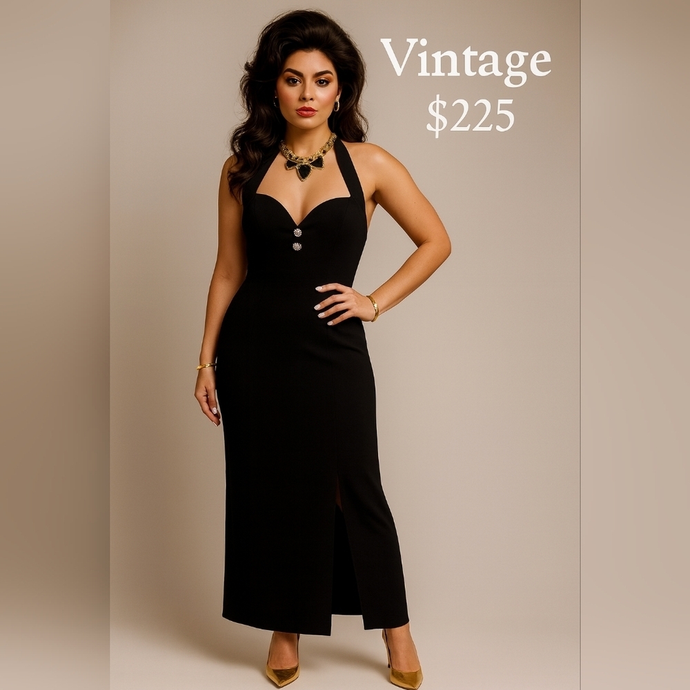 Vintage Rampage Halter Gown Black Formal Maxi Dress w/ Rhinestone Accents Y2k